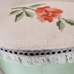 Homemade Rose Embroidery Pin Cushion Trinket Box 6" x 3"